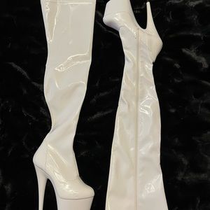 White Thigh High Pleaser Heels